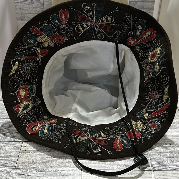 Brown embroidered floral owl garden bucket boho hat - Picture 5 of 5